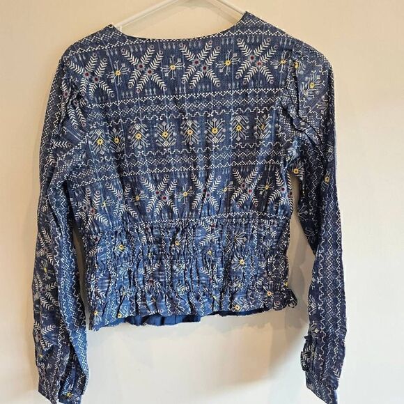 Anthropologie ForeverThat Girl Embroidered Blue Floral Smocked Waist Blouse Boho - Picture 9 of 9
